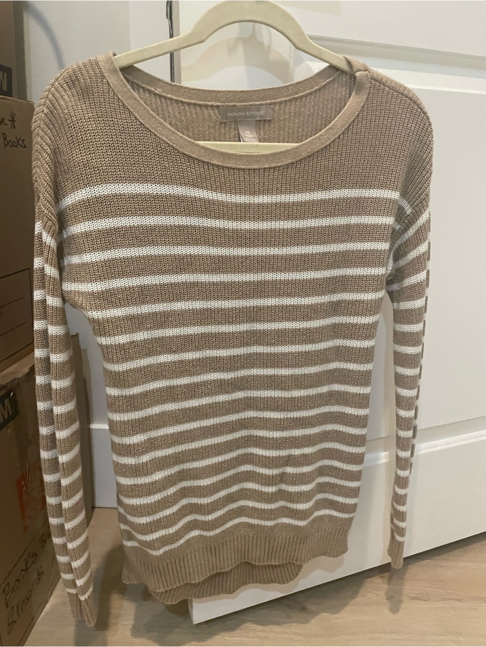 Banana Republic Cream and Tan Striped Crewneck Sweater